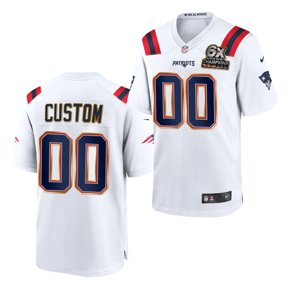 Custom Patriots White 6X Super Bowl Champions Patch Game Jersey