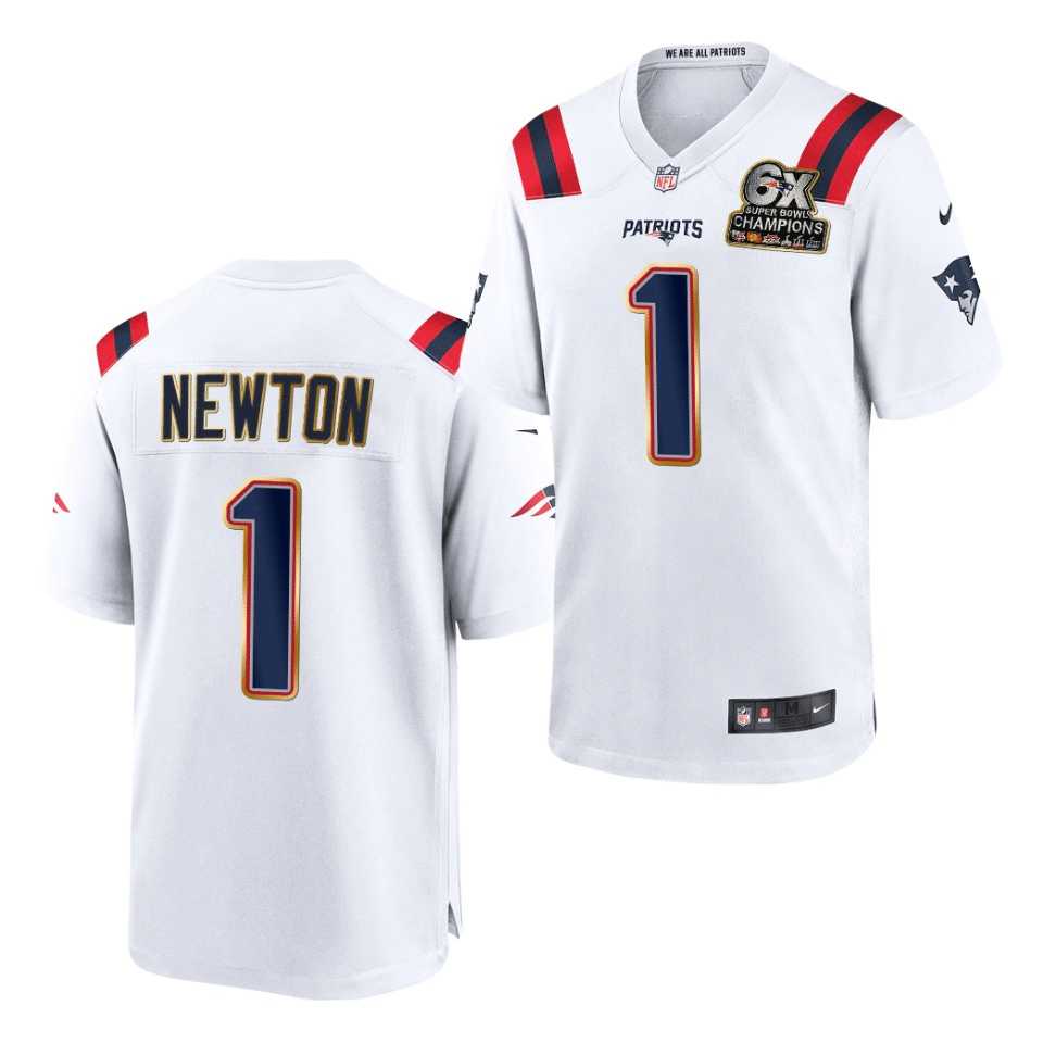 Cam Newton Patriots White 6X Super Bowl Champions Patch Game Jersey