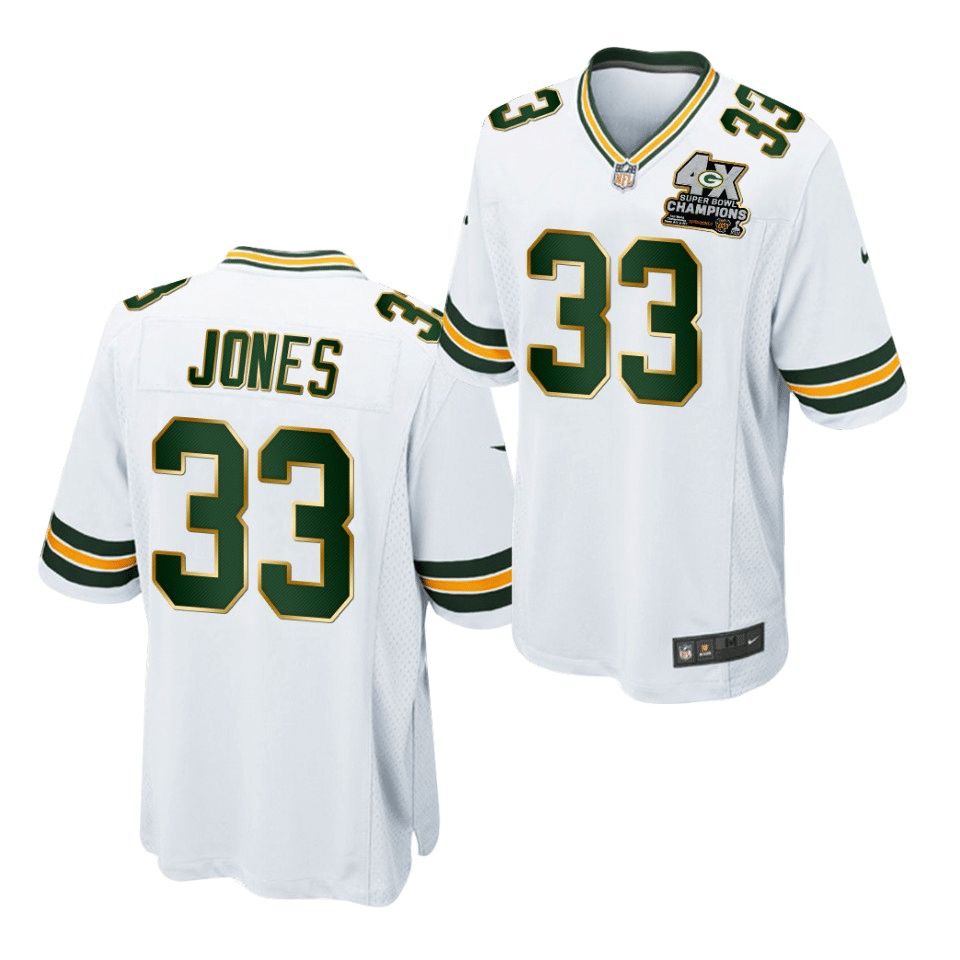 Aaron Jones Packers White 4X Super Bowl Champions Patch Game Jersey