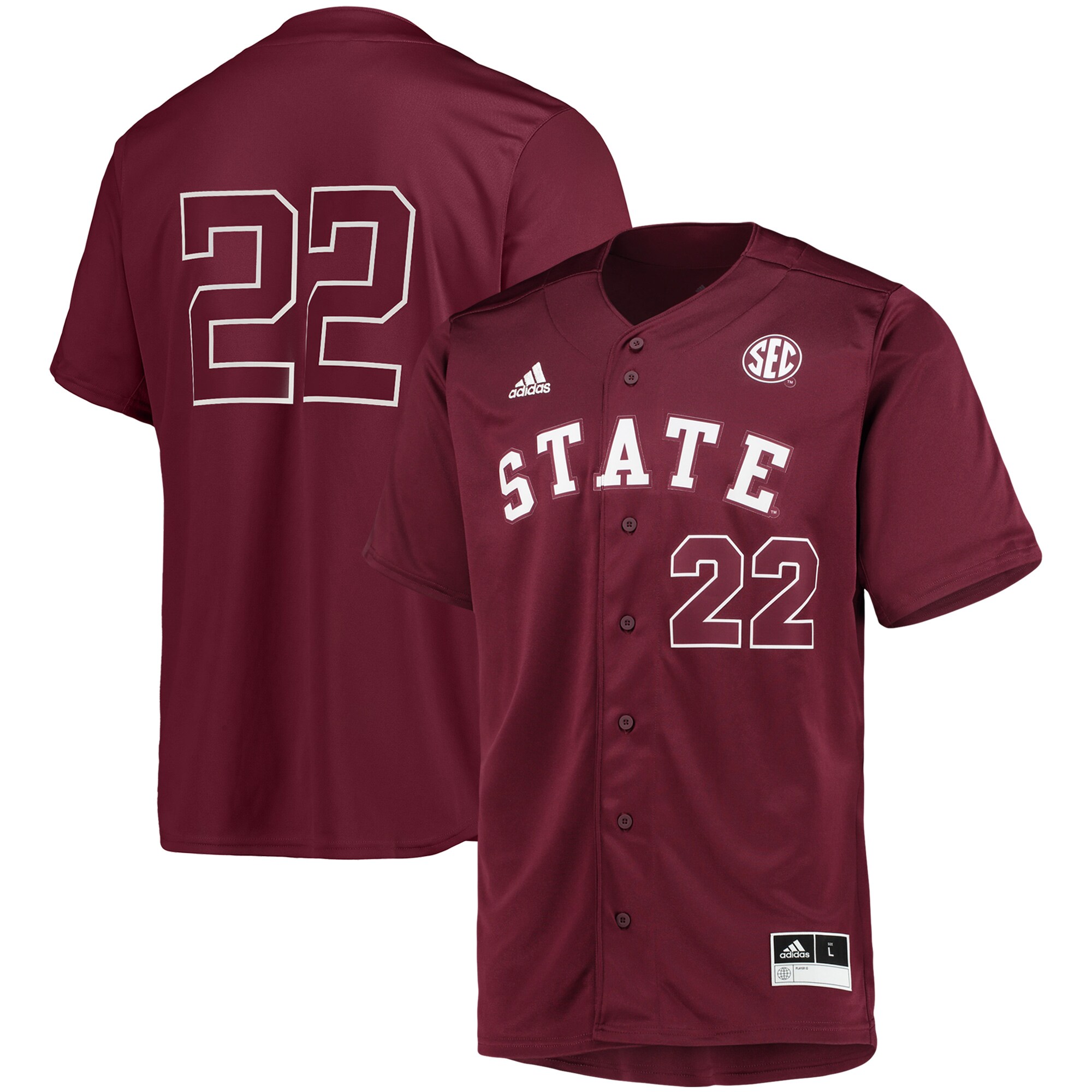 #22 Mississippi State Bulldogs   Button-Up Baseball Jersey - Maroon For Youth Women Men