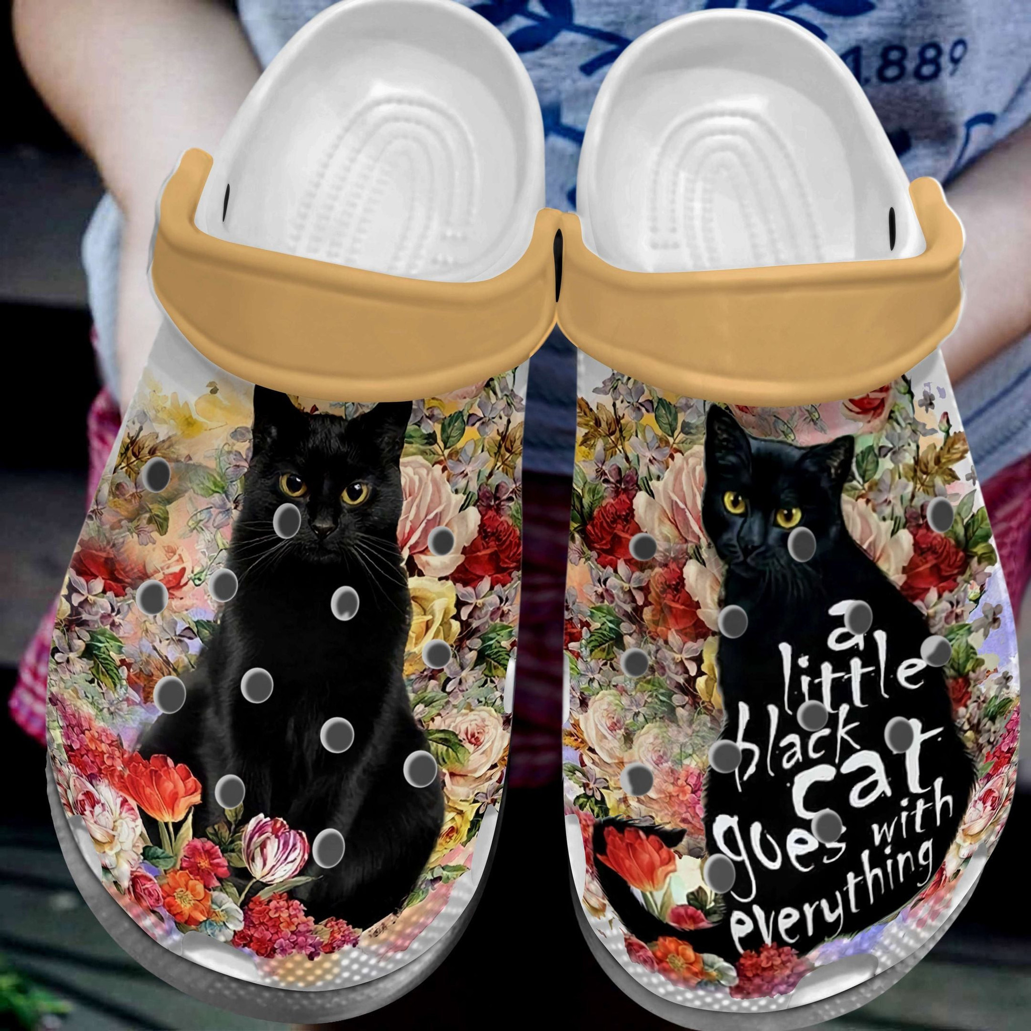 A Little Black Cat Goes With Everything Crocss Clog Shoes - Flower Cat Custom Shoe For Cat Lovers Birthday Gift For Women Girl