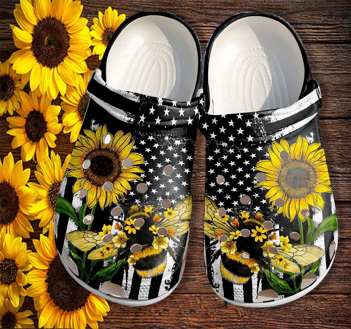 Bee Sunflower America Flag Crocss Shoes Gift Women Mother Day- 4Th Of July Bee Kind Crocss Shoes Croc Clogs