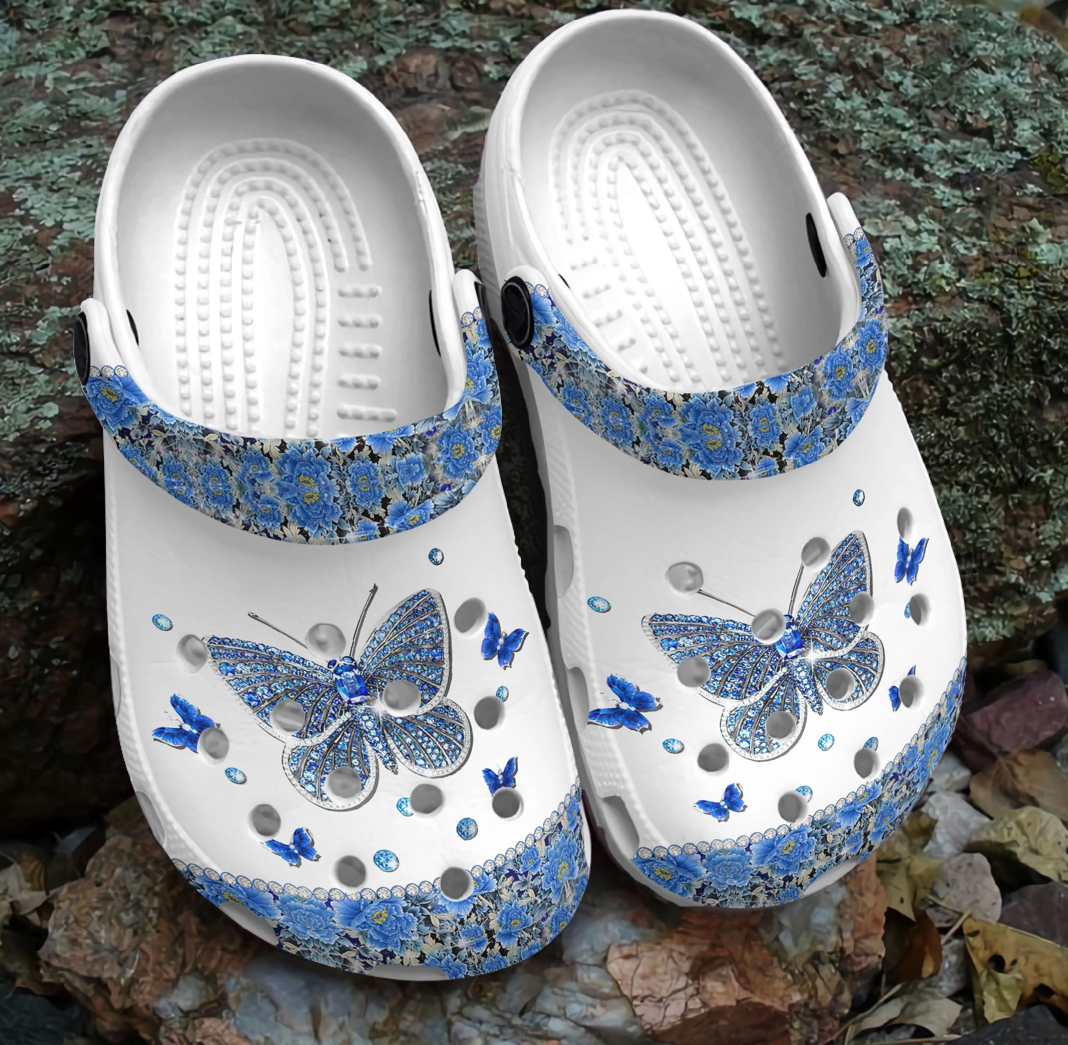 Blue Bling Butterfly Shoes For Women - Blue Flowers Custom Shoes Gifts For Mother Day Grandma