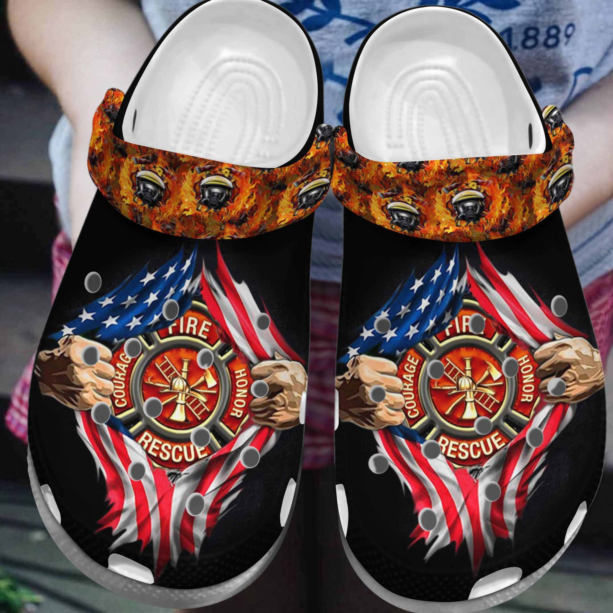 Courage Fire Honor Rescue Us Firefighter Firefighter 4Th Of July Crocband Clogs