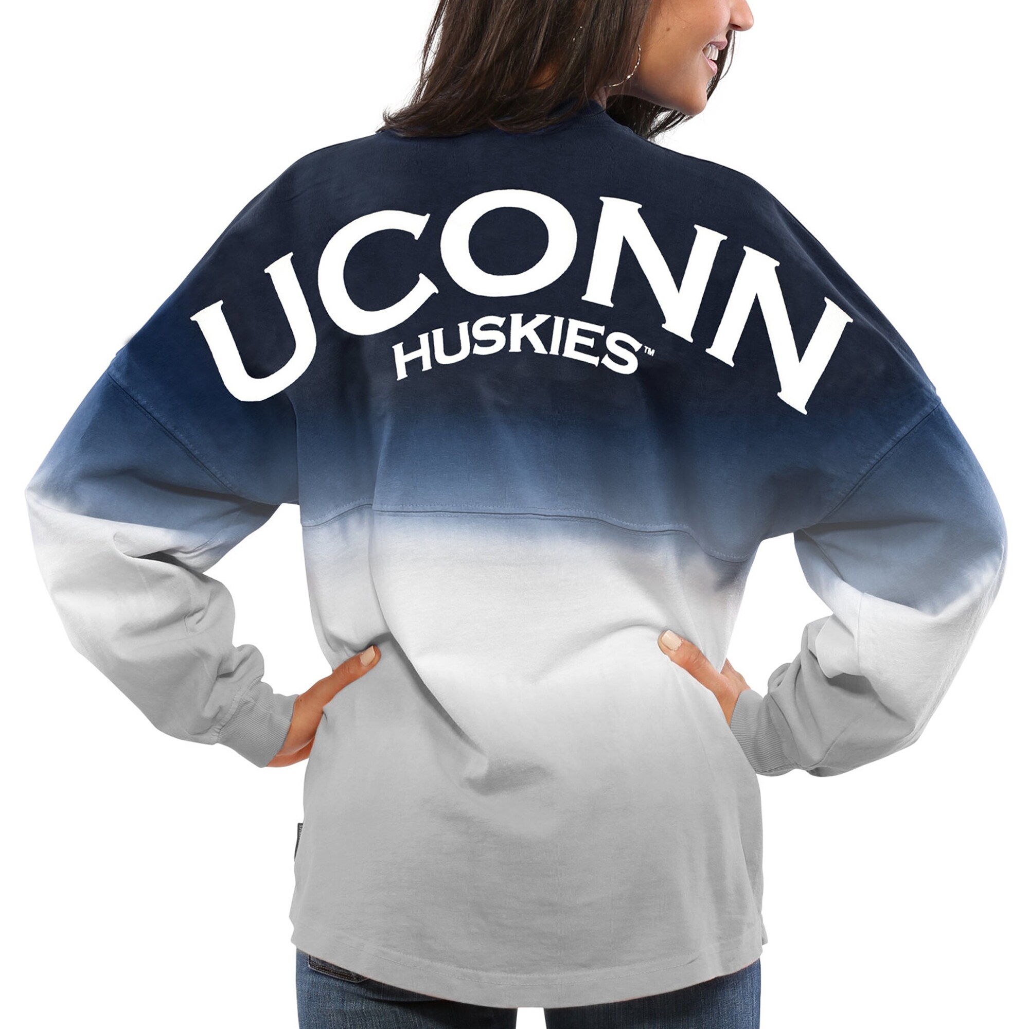 Uconn Huskies Women'S Ombre Long Sleeve Dip-Dyed Spirit Jersey - Navy For Youth Women Men