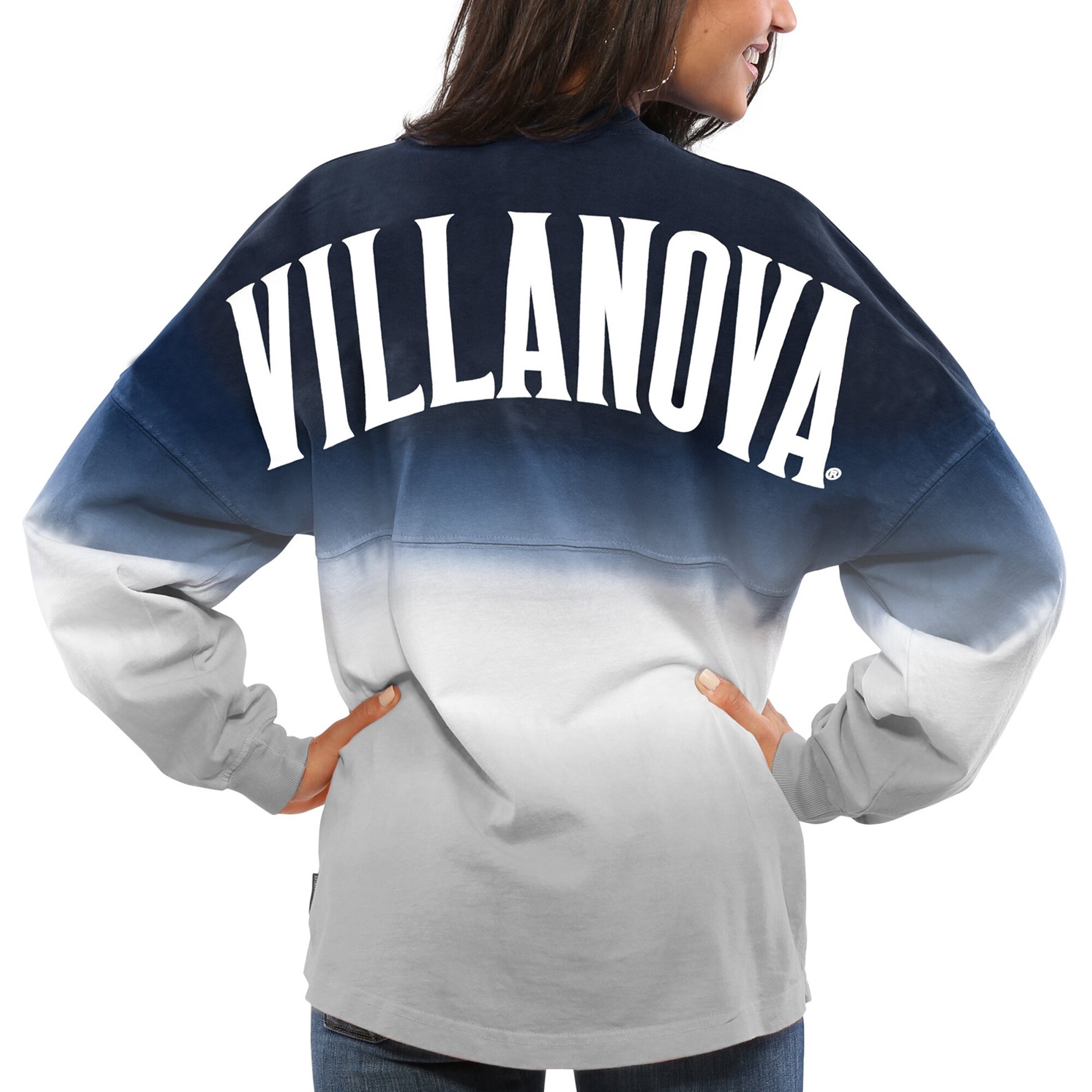 Villanova Wildcats Women'S Ombre Long Sleeve Dip-Dyed Spirit Jersey - Navy For Youth Women Men
