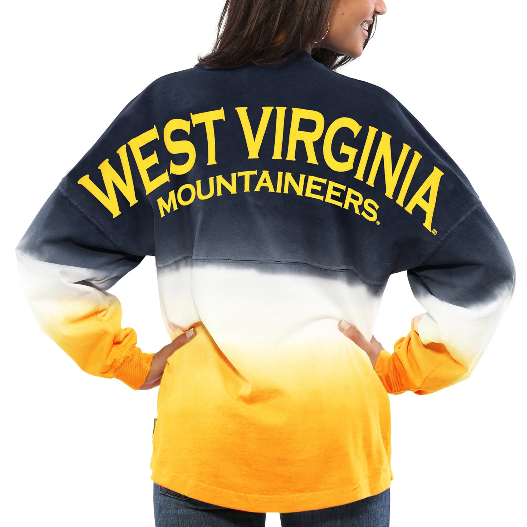 West Virginia Mountaineers Women'S Ombre Long Sleeve Dip-Dyed Spirit Jersey - Navy For Youth Women Men